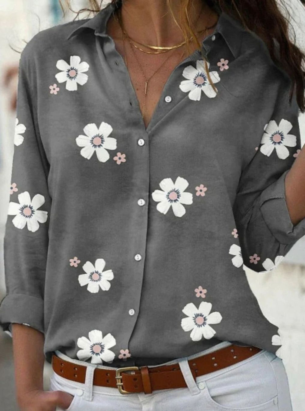 Women's Floral Button-Down Long-Sleeve Relaxed Shirt