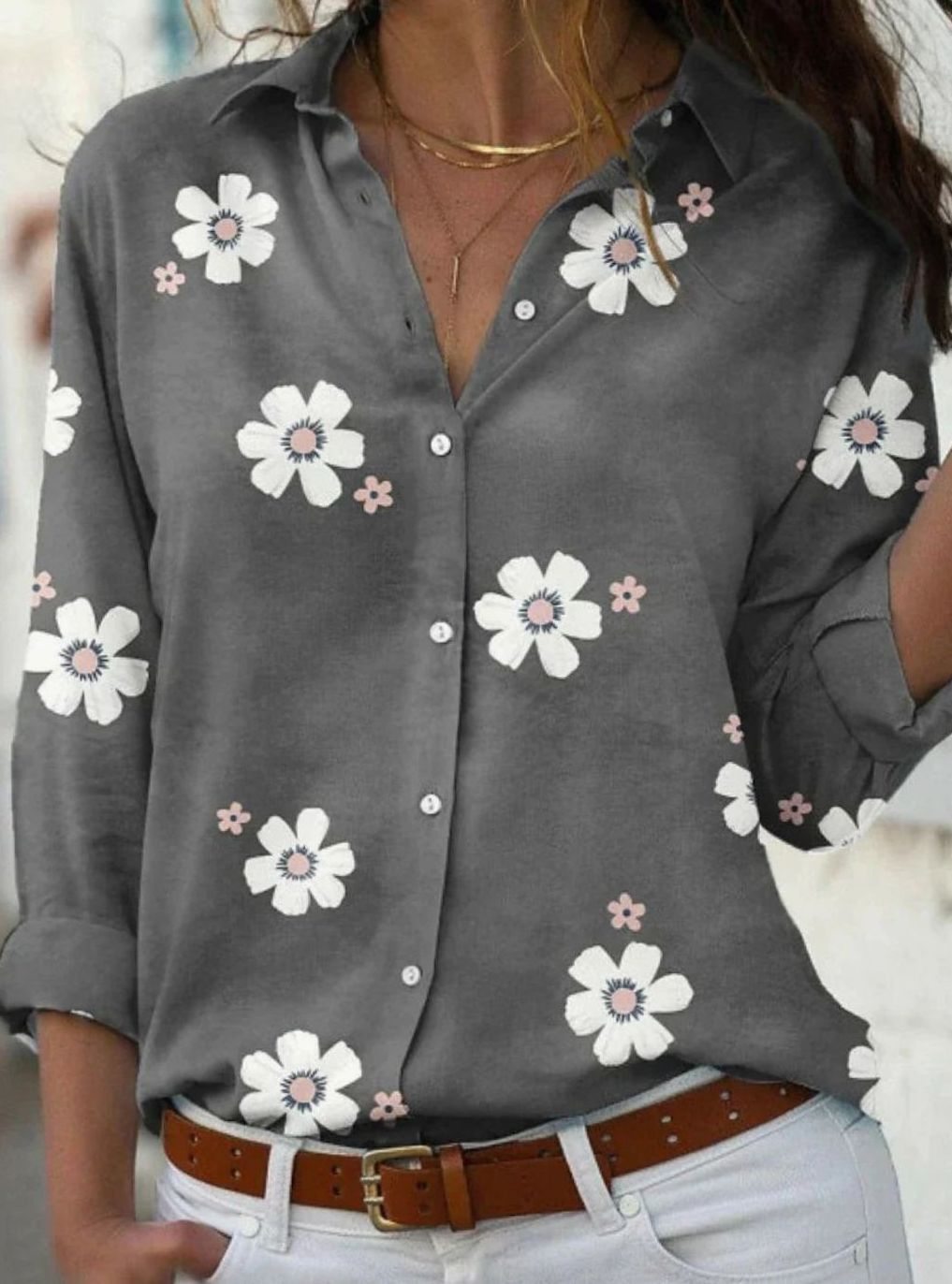 Women's Floral Button-Down Long-Sleeve Relaxed Shirt