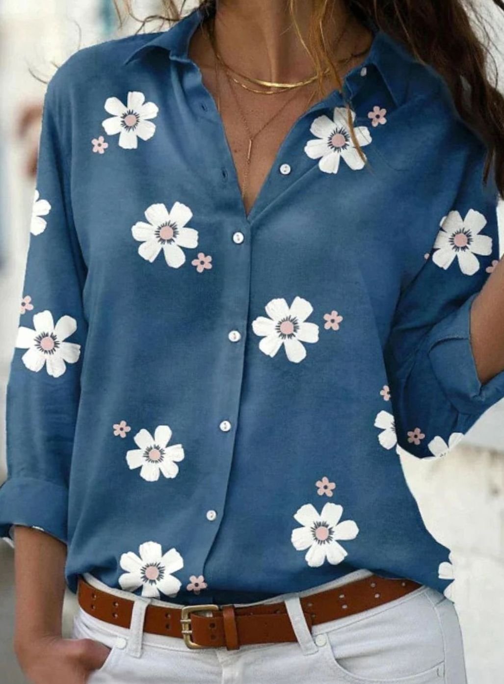 Women's Floral Button-Down Long-Sleeve Relaxed Shirt