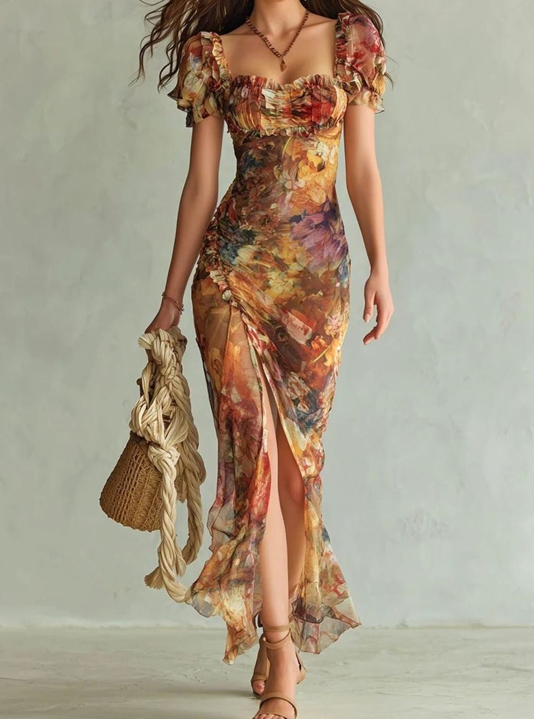 Women's Floral Chiffon Ruched Sweetheart-Neck Maxi Dress