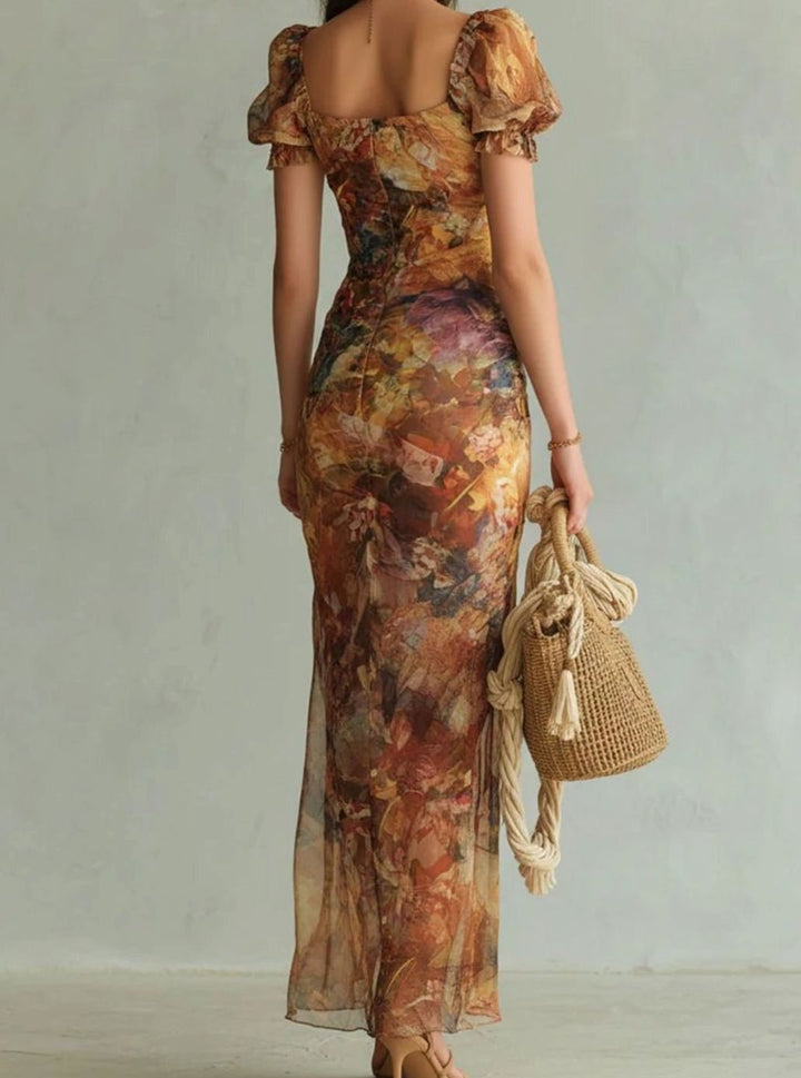 Women's Floral Chiffon Ruched Sweetheart-Neck Maxi Dress
