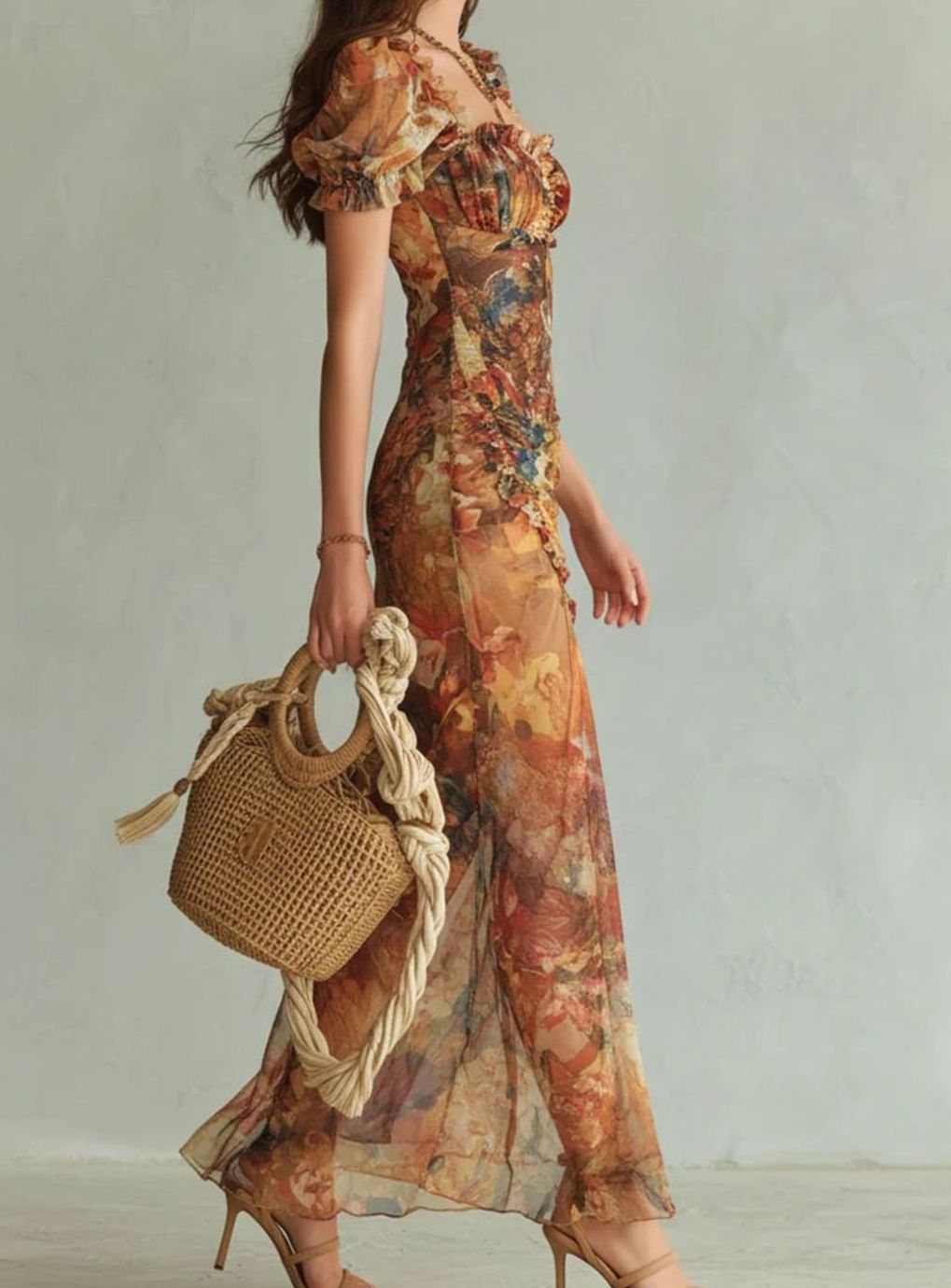 Women's Floral Chiffon Ruched Sweetheart-Neck Maxi Dress