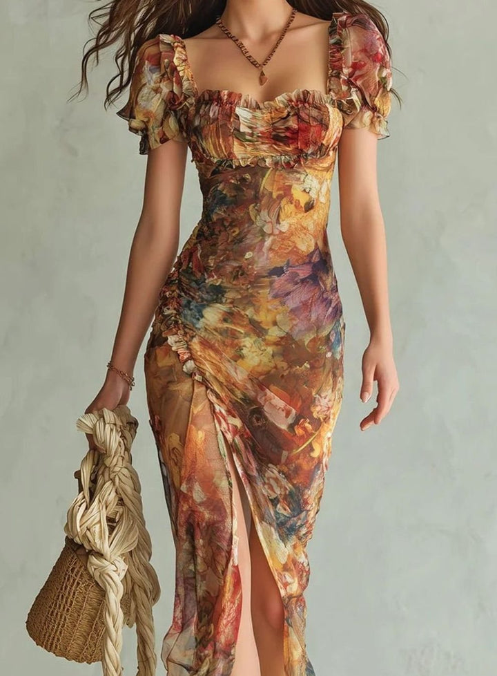 Women's Floral Chiffon Ruched Sweetheart-Neck Maxi Dress