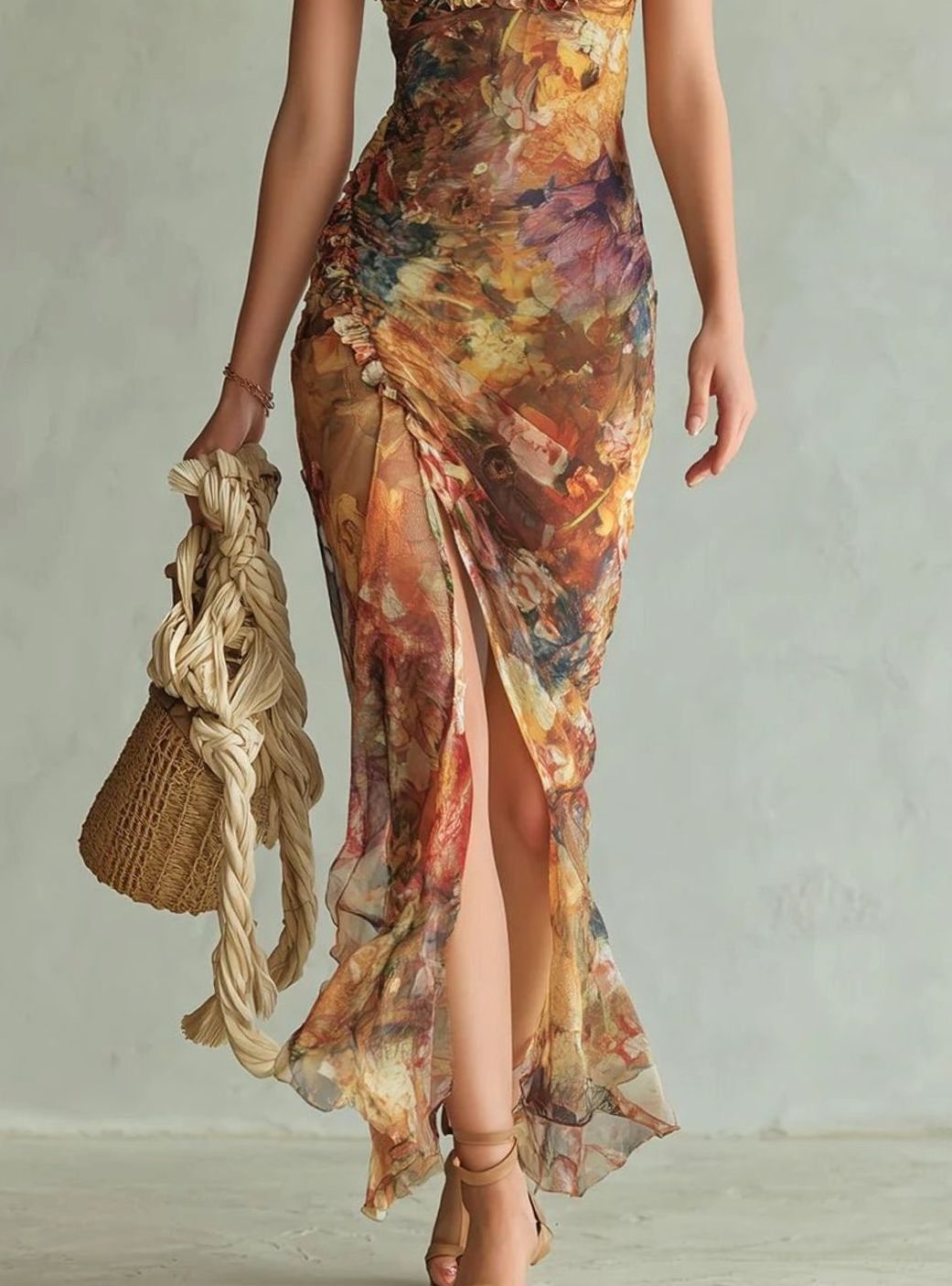 Women's Floral Chiffon Ruched Sweetheart-Neck Maxi Dress
