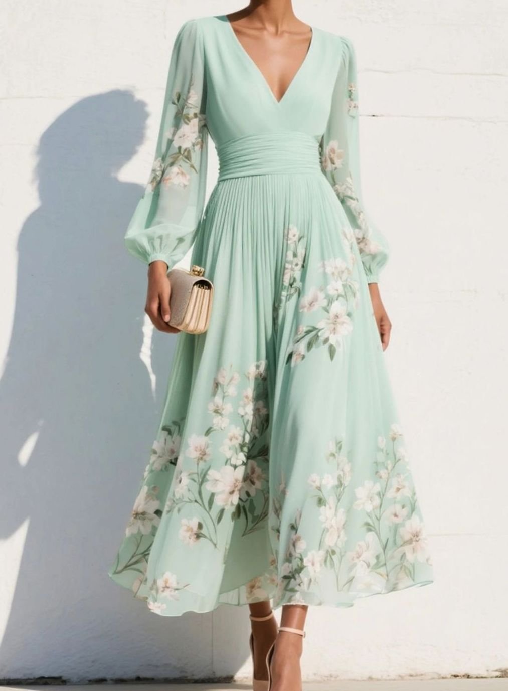Women's Floral Chiffon V-Neck Balloon Sleeve Midi Dress