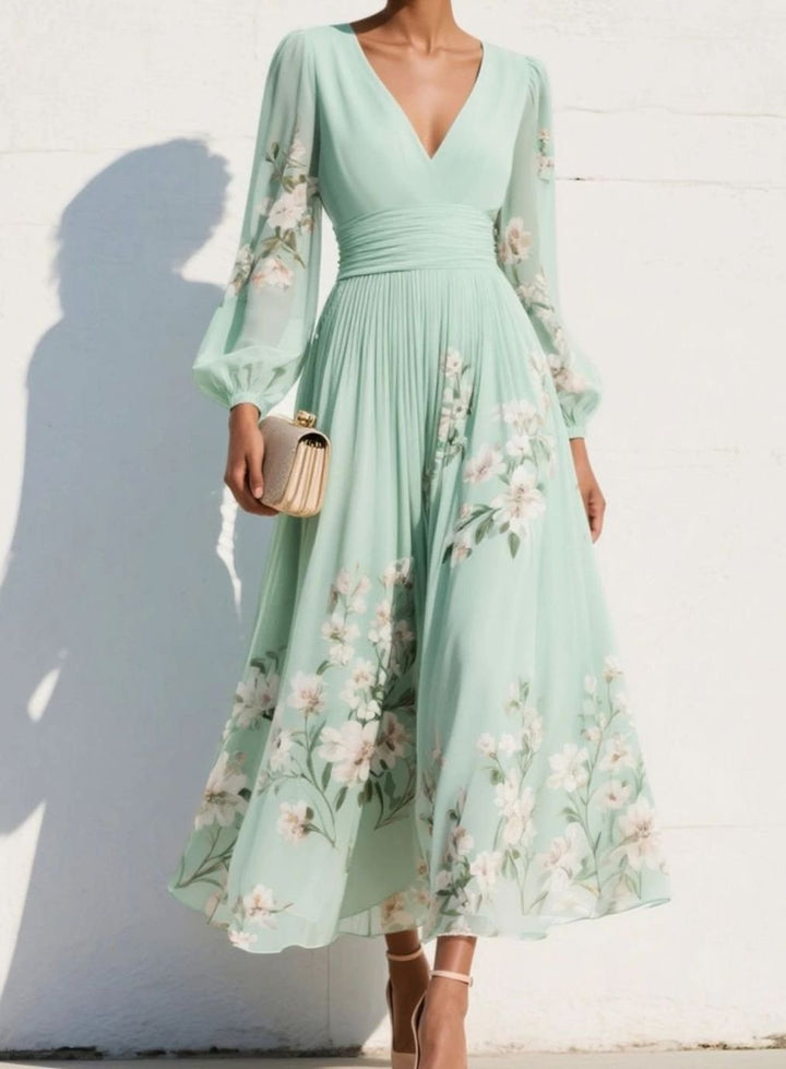 Women's Floral Chiffon V-Neck Balloon Sleeve Midi Dress