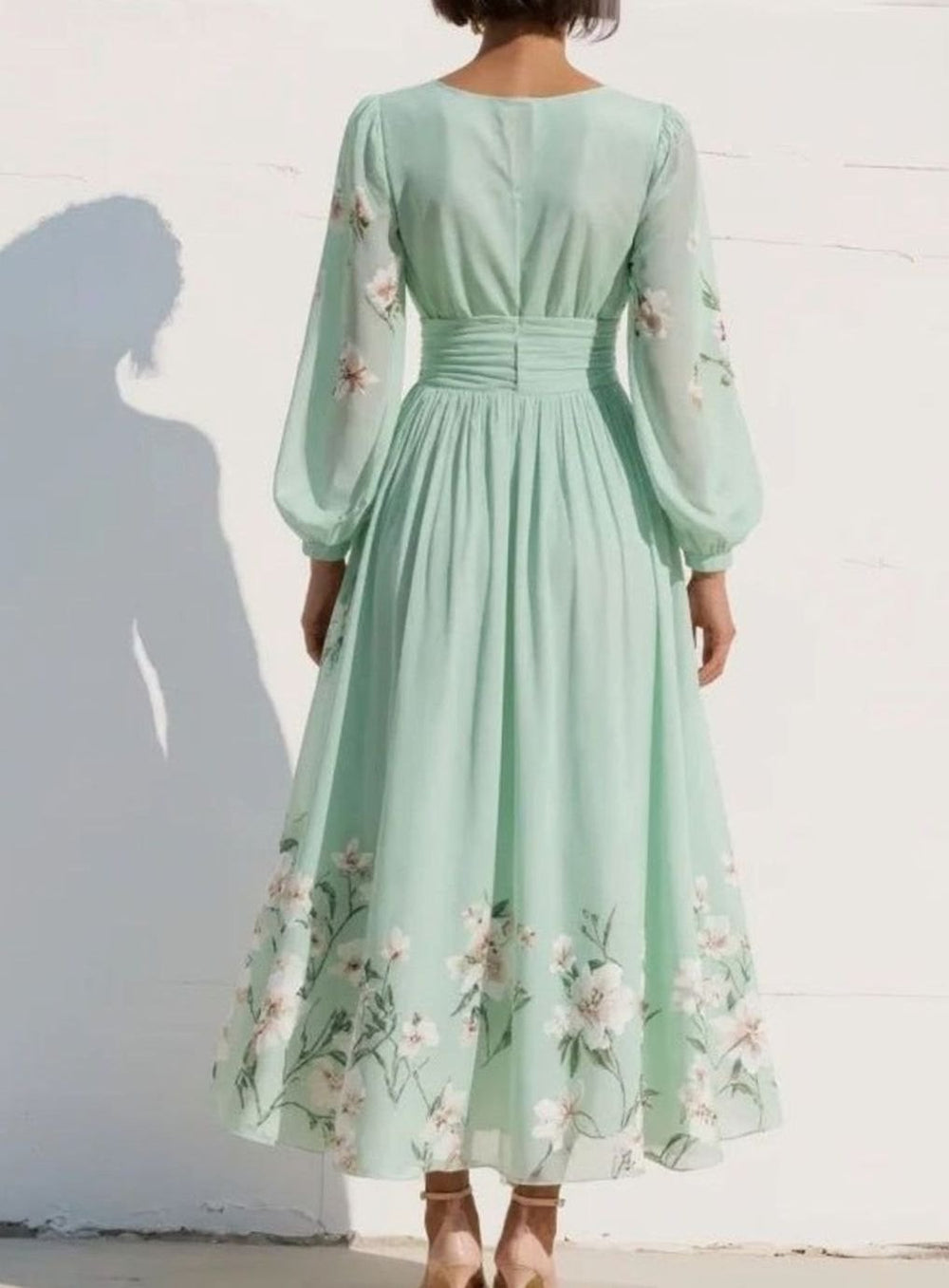 Women's Floral Chiffon V-Neck Balloon Sleeve Midi Dress