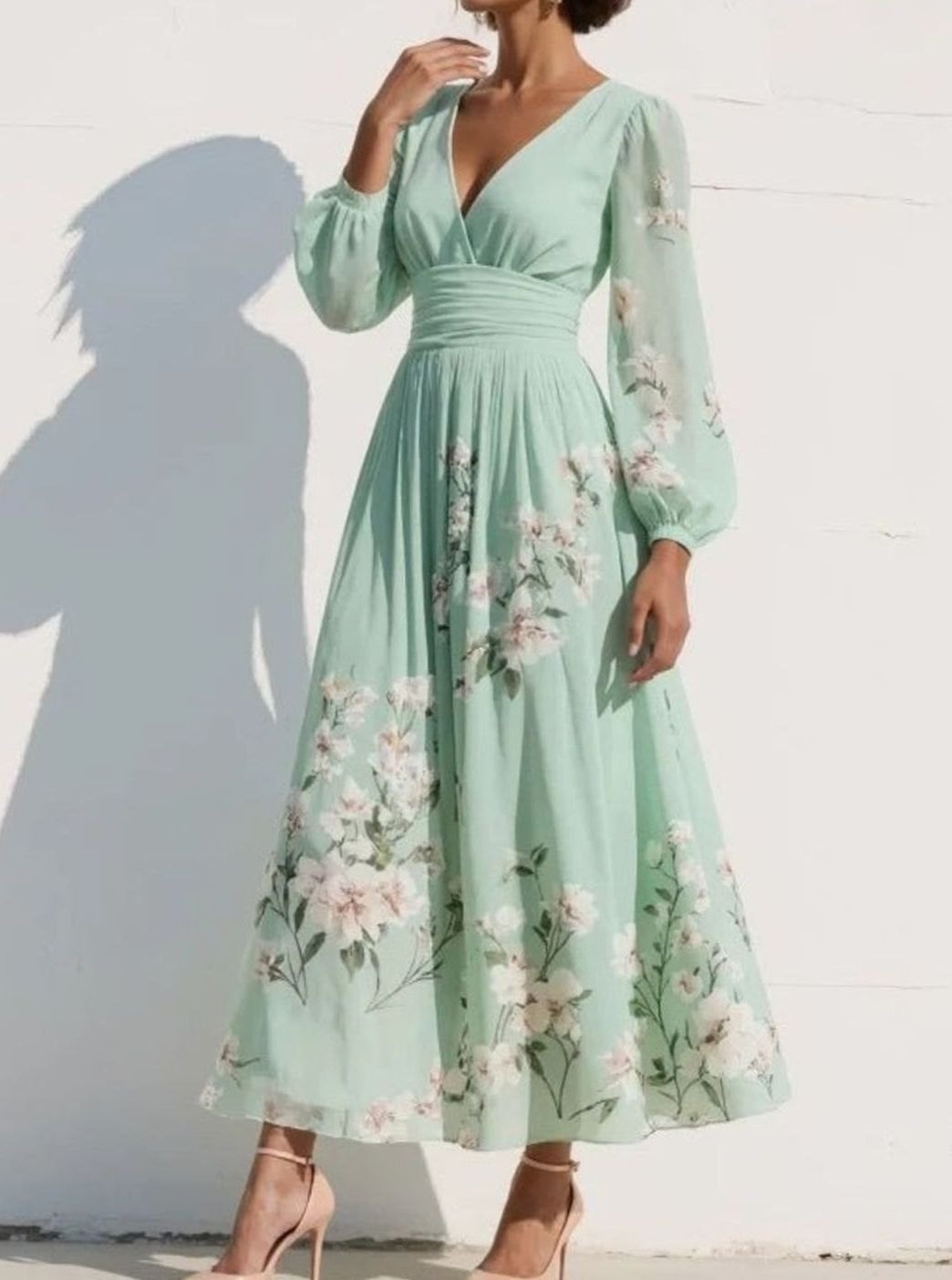 Women's Floral Chiffon V-Neck Balloon Sleeve Midi Dress