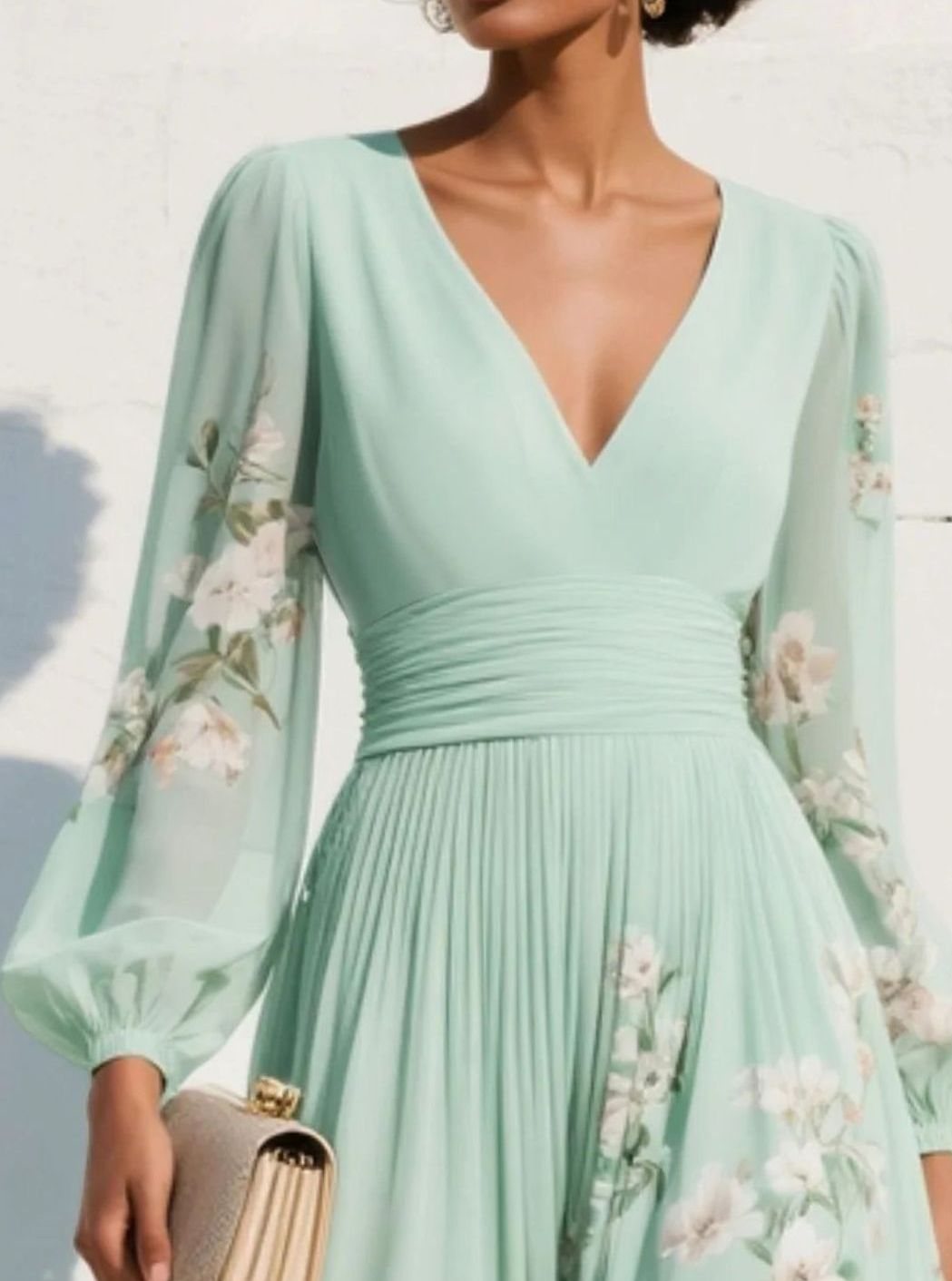 Women's Floral Chiffon V-Neck Balloon Sleeve Midi Dress