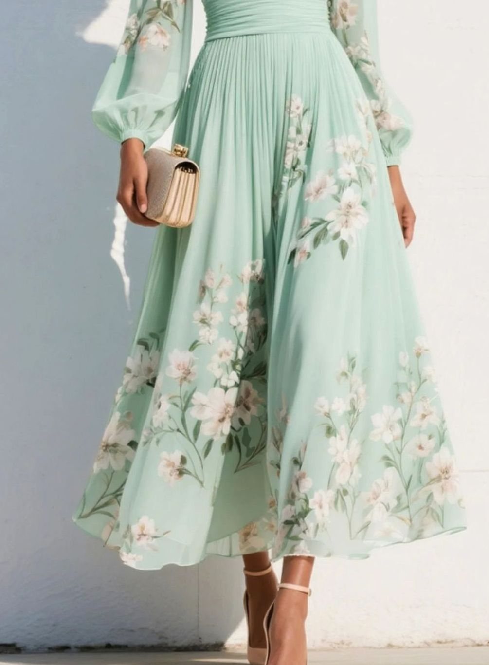 Women's Floral Chiffon V-Neck Balloon Sleeve Midi Dress