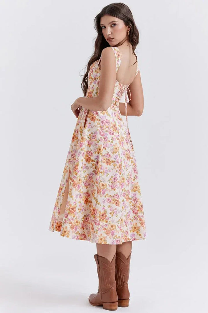 Women's Floral Corset Midi Cocktail Party Dress Strappy Slit