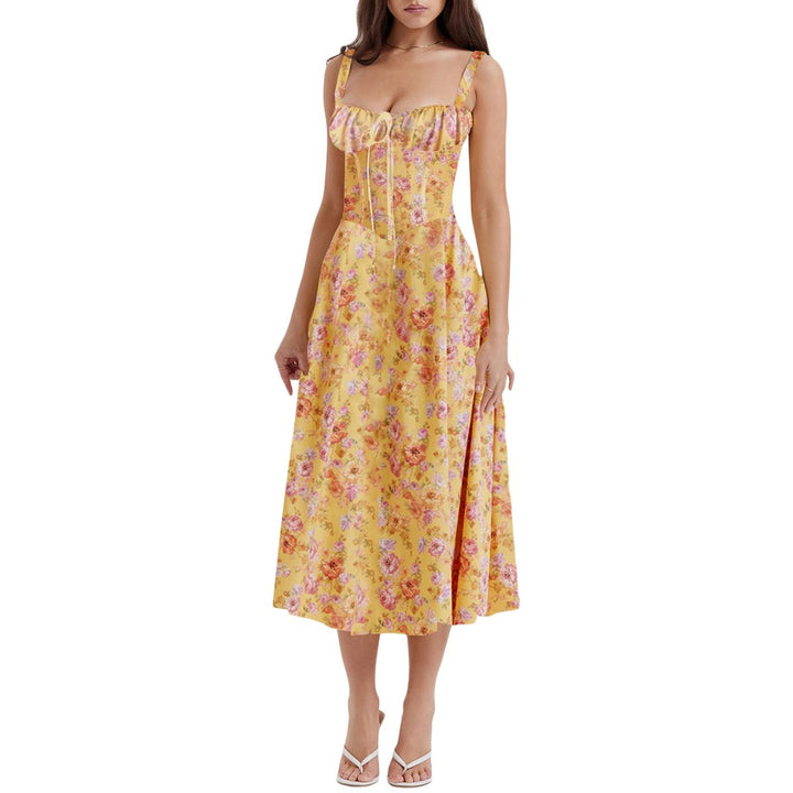 Women's Floral Corset Midi Cocktail Party Dress Strappy Slit