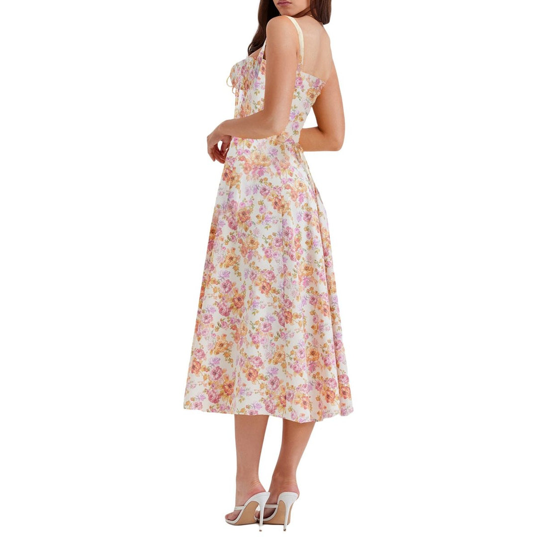 Women's Floral Corset Midi Cocktail Party Dress Strappy Slit