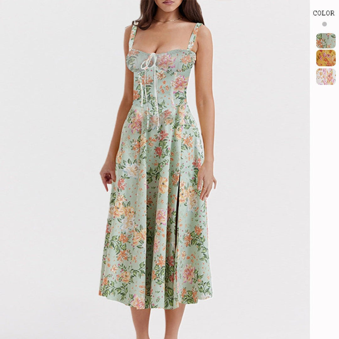 Women's Floral Corset Midi Cocktail Party Dress Strappy Slit