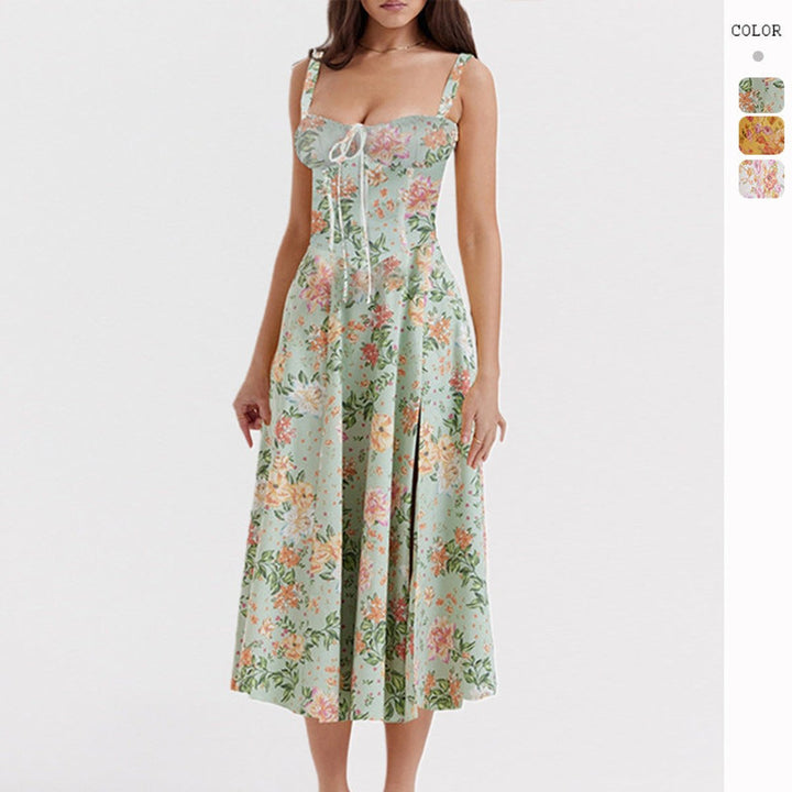 Women's Floral Corset Midi Cocktail Party Dress Strappy Slit