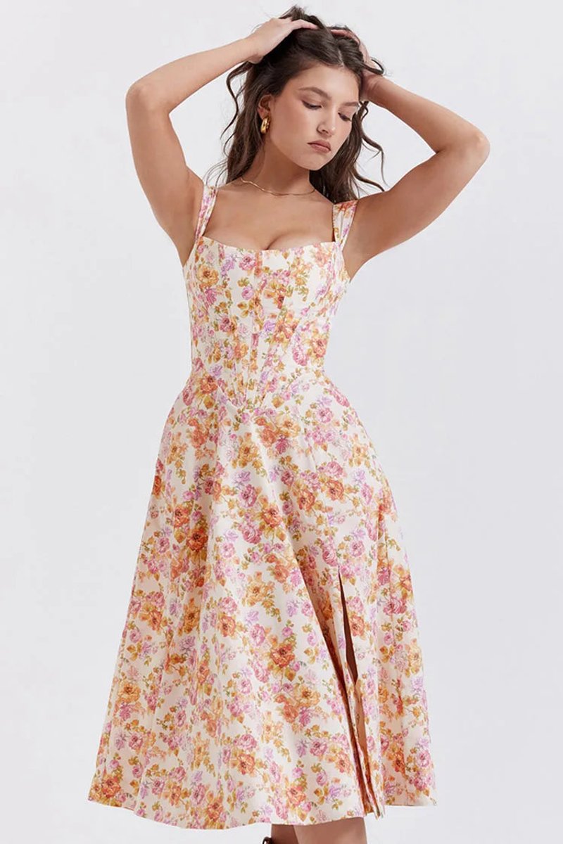 Women's Floral Corset Midi Cocktail Party Dress Strappy Slit
