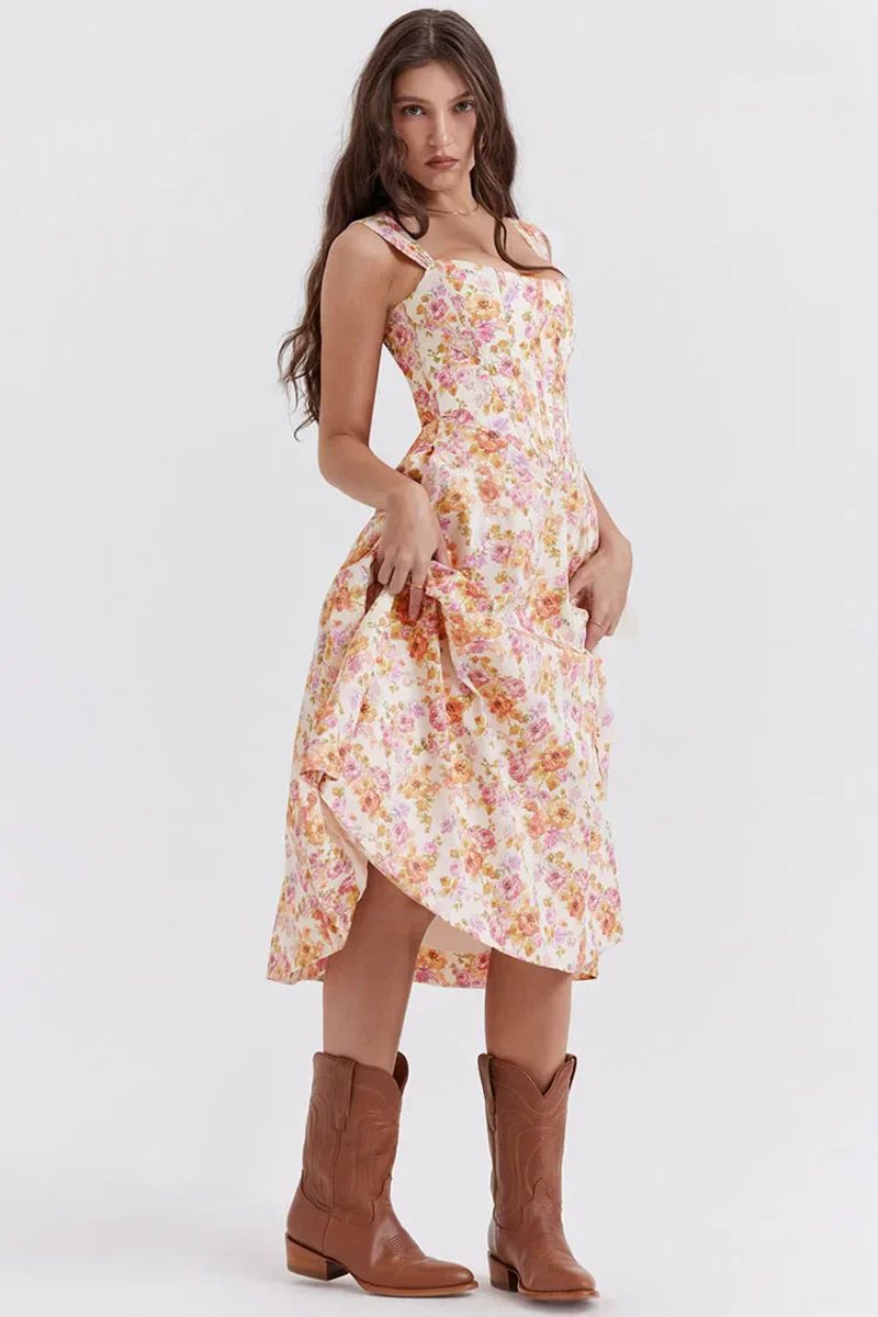 Women's Floral Corset Midi Cocktail Party Dress Strappy Slit