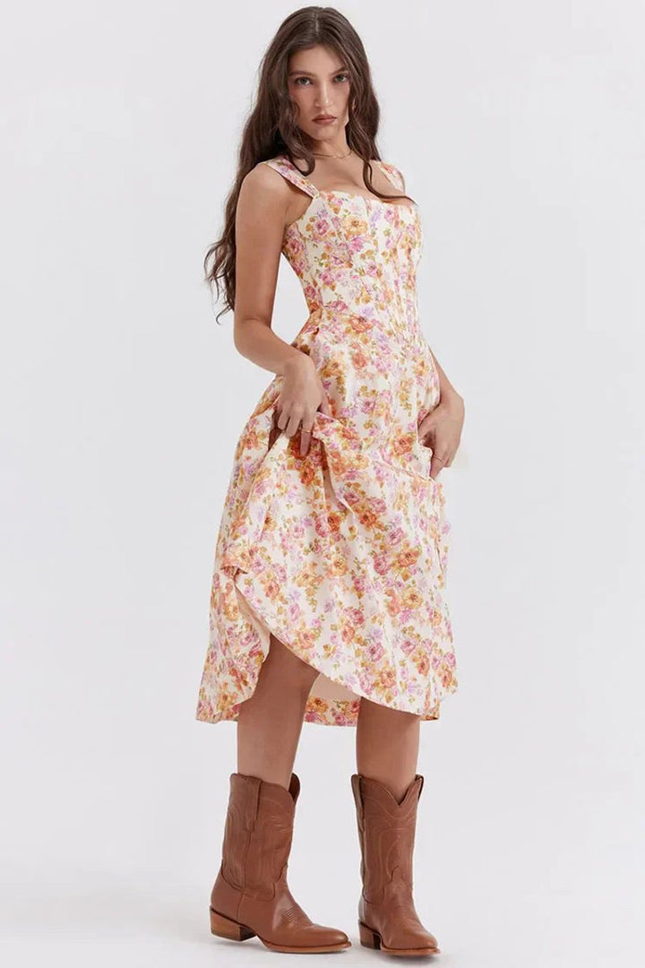 Women's Floral Corset Midi Cocktail Party Dress Strappy Slit