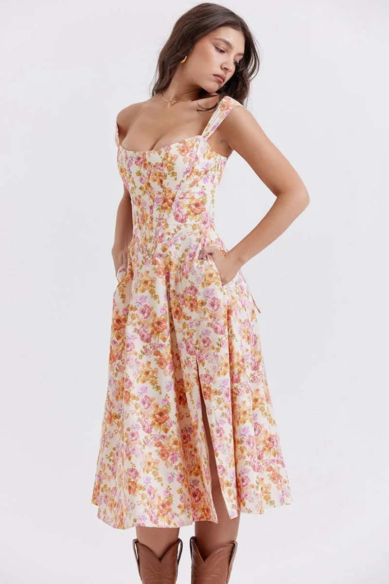 Women's Floral Corset Midi Cocktail Party Dress Strappy Slit