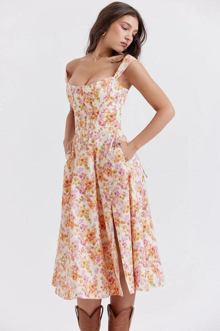 Women's Floral Corset Midi Cocktail Party Dress Strappy Slit
