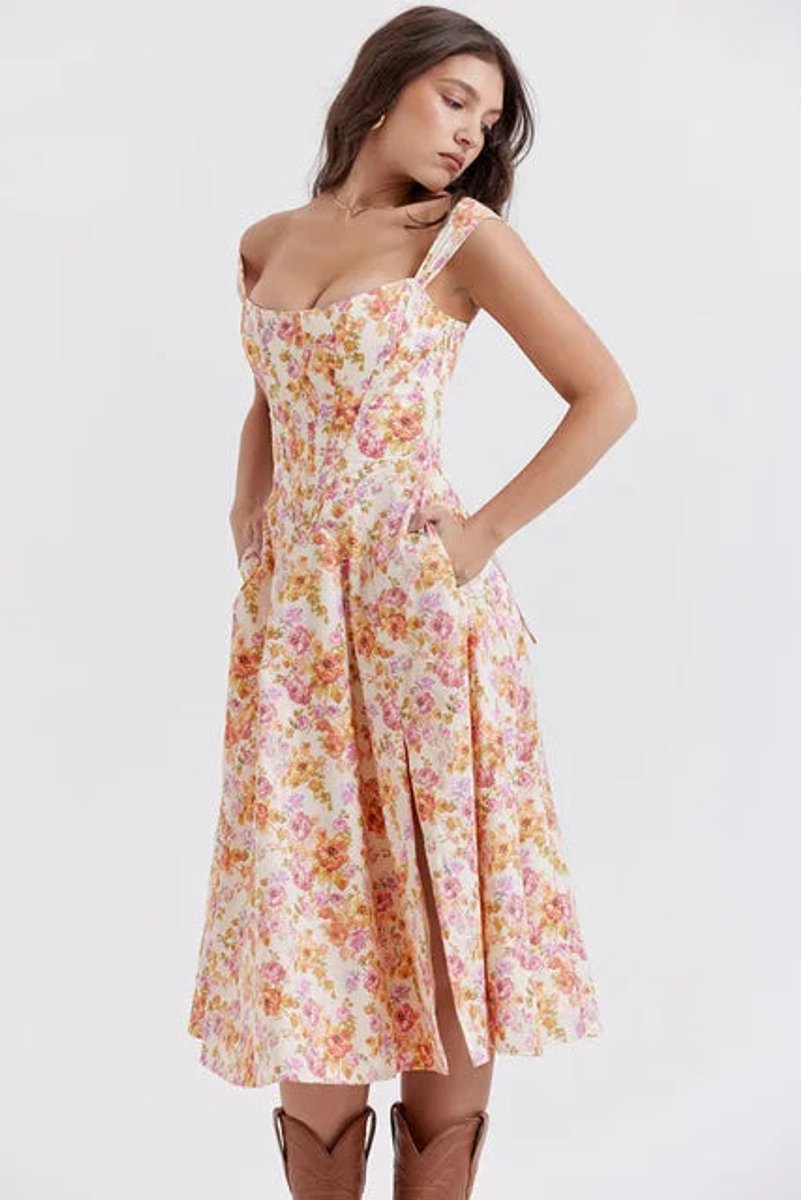 Women's Floral Corset Midi Cocktail Party Dress Strappy Slit