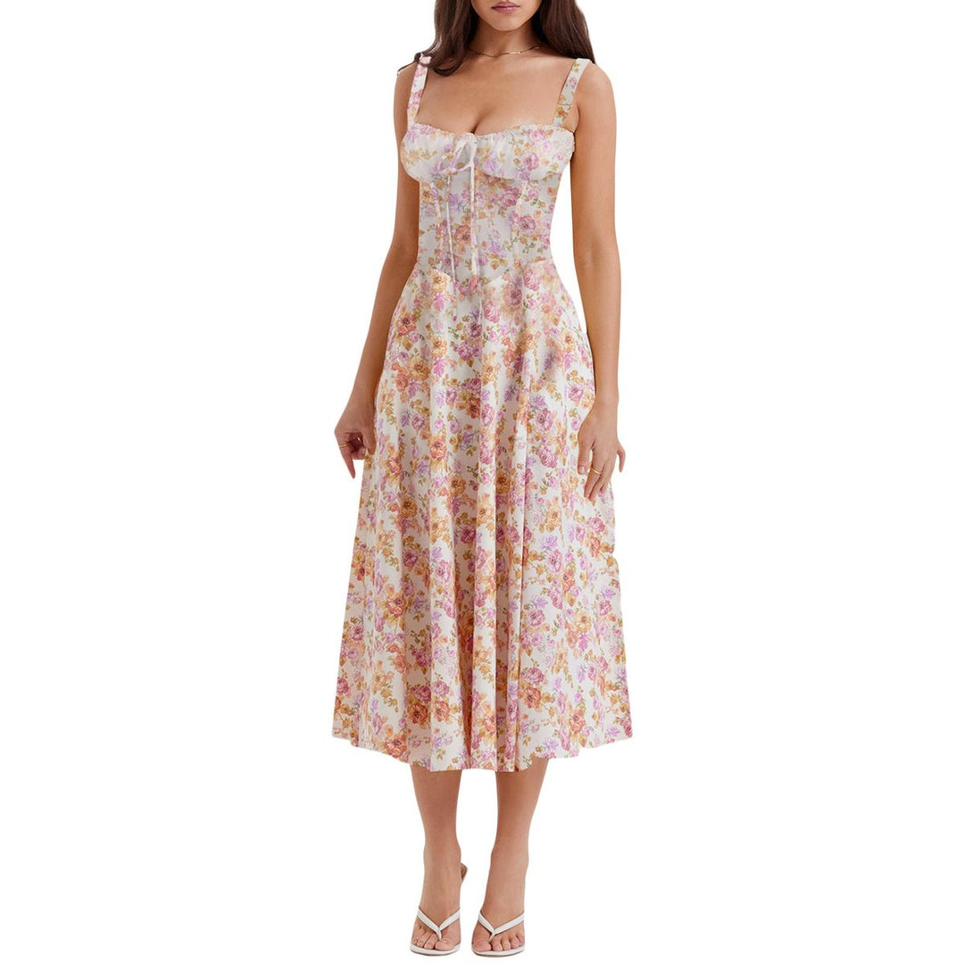 Women's Floral Corset Midi Cocktail Party Dress Strappy Slit