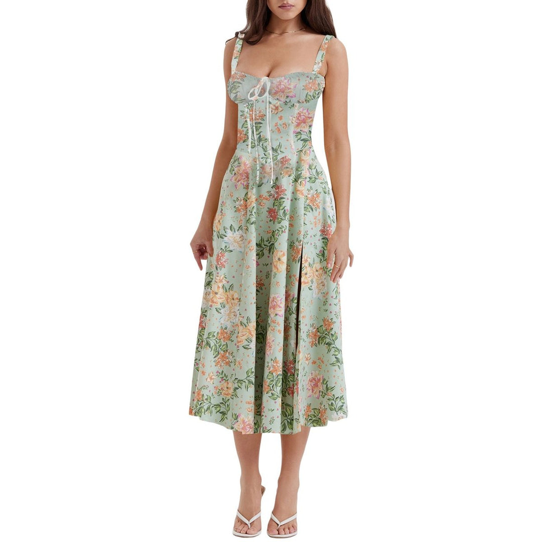 Women's Floral Corset Midi Cocktail Party Dress Strappy Slit