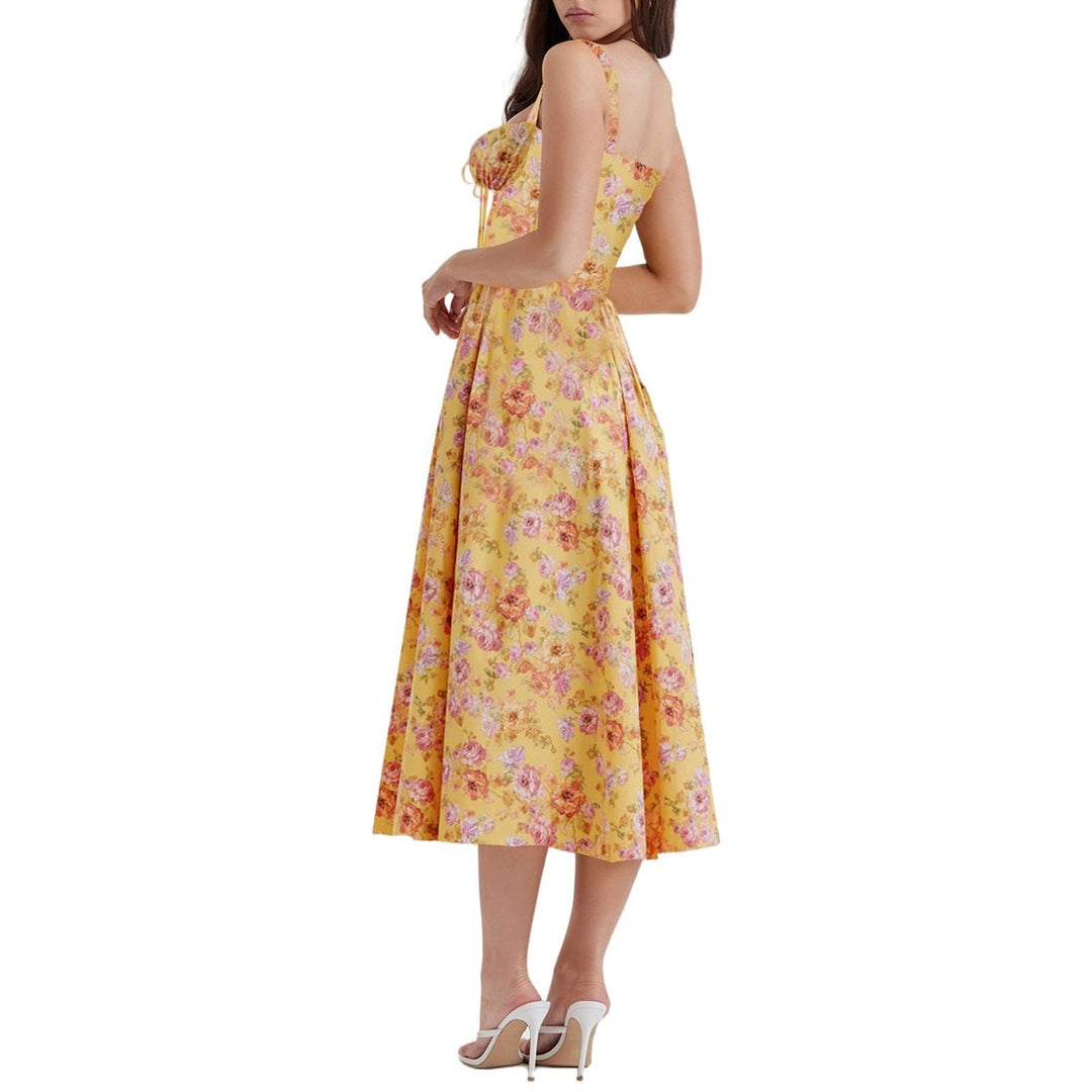 Women's Floral Corset Midi Cocktail Party Dress Strappy Slit