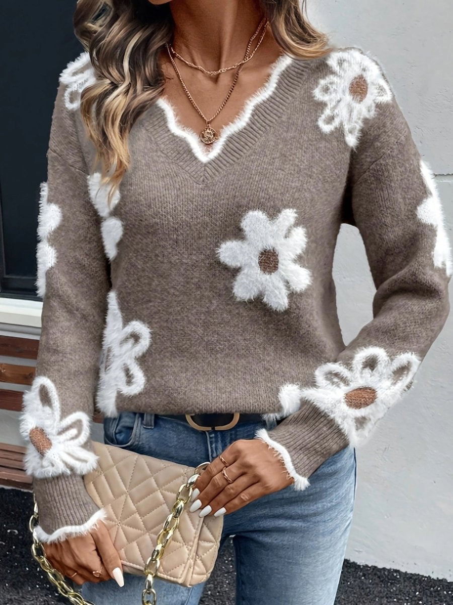 Women's Floral Daisy V-Neck Knitted Sweater Ribbed Cuff Jumper
