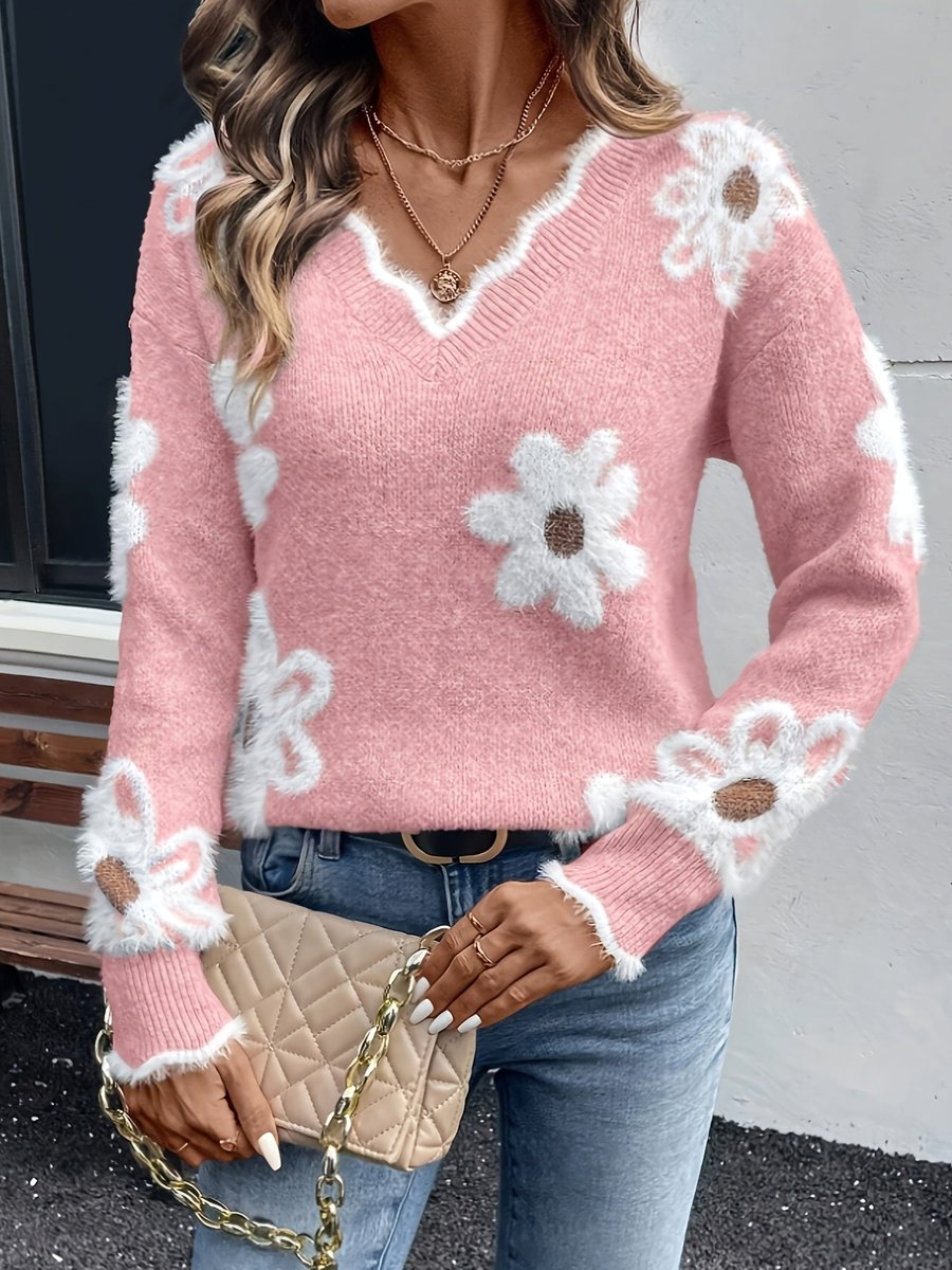 Women's Floral Daisy V-Neck Knitted Sweater Ribbed Cuff Jumper