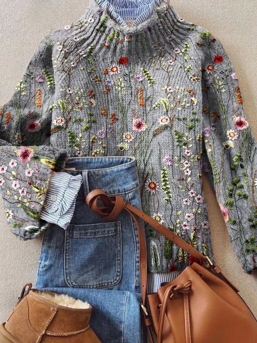 Women's Floral Embroidered Cable-Knit Turtleneck Jumper
