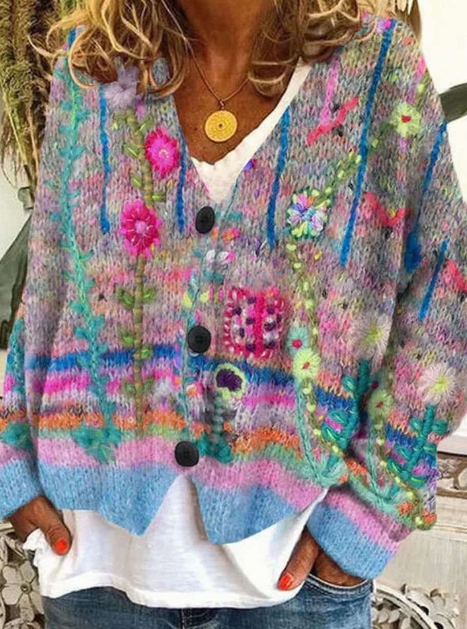 Women's Floral Embroidered Oversized Knit Cardigan Button-Up