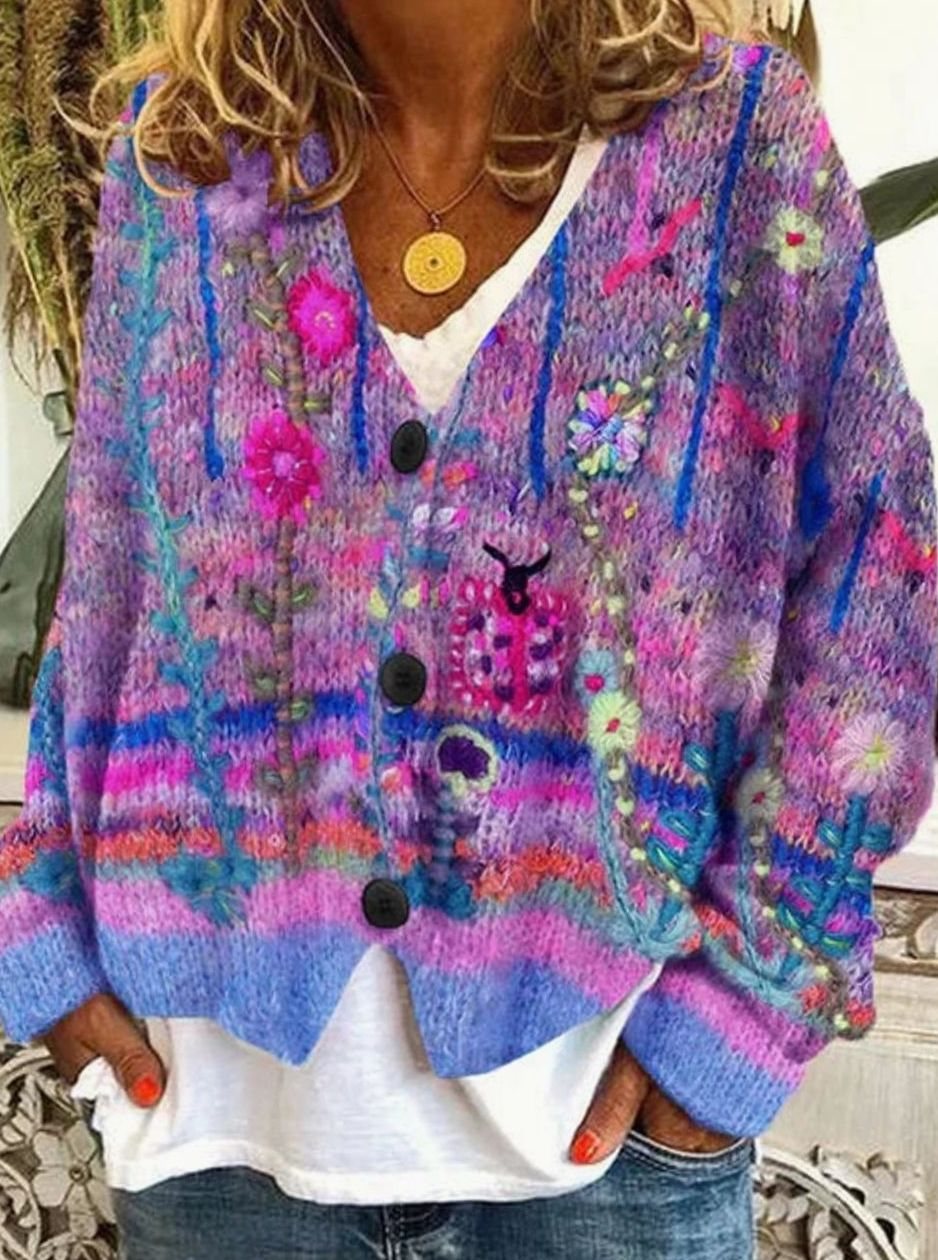 Women's Floral Embroidered Oversized Knit Cardigan Button-Up