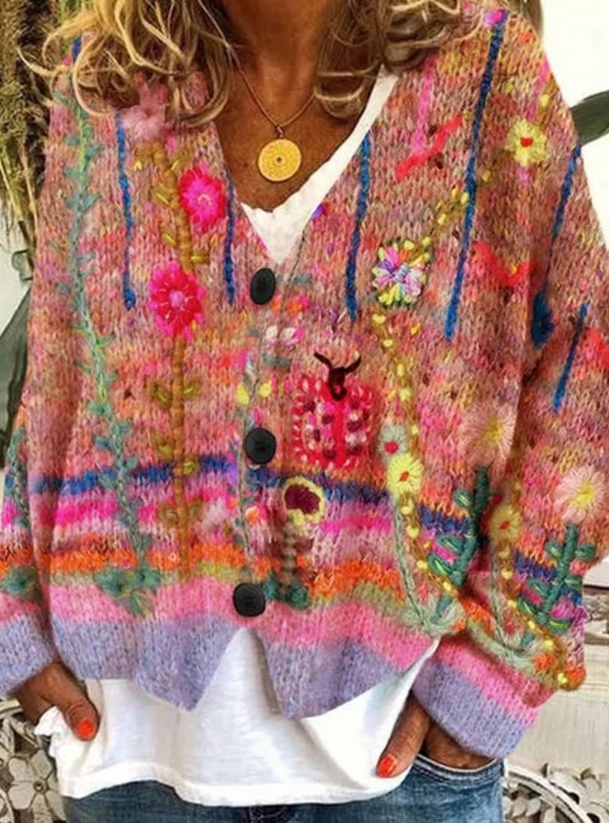 Women's Floral Embroidered Oversized Knit Cardigan Button-Up
