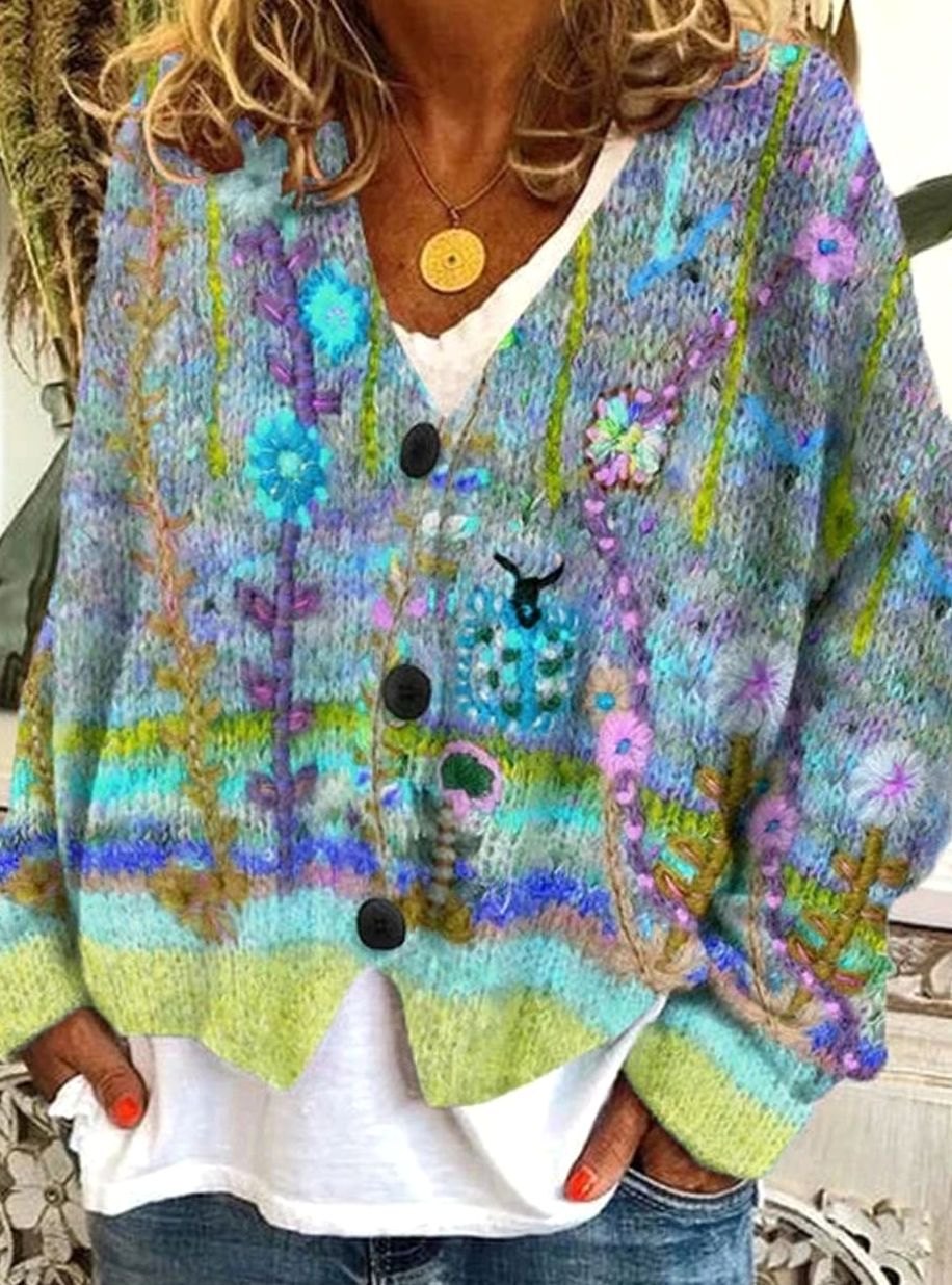 Women's Floral Embroidered Oversized Knit Cardigan Button-Up