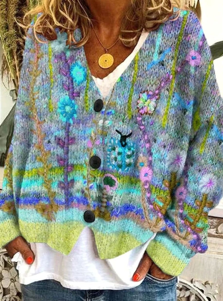 Women's Floral Embroidered Oversized Knit Cardigan Button-Up