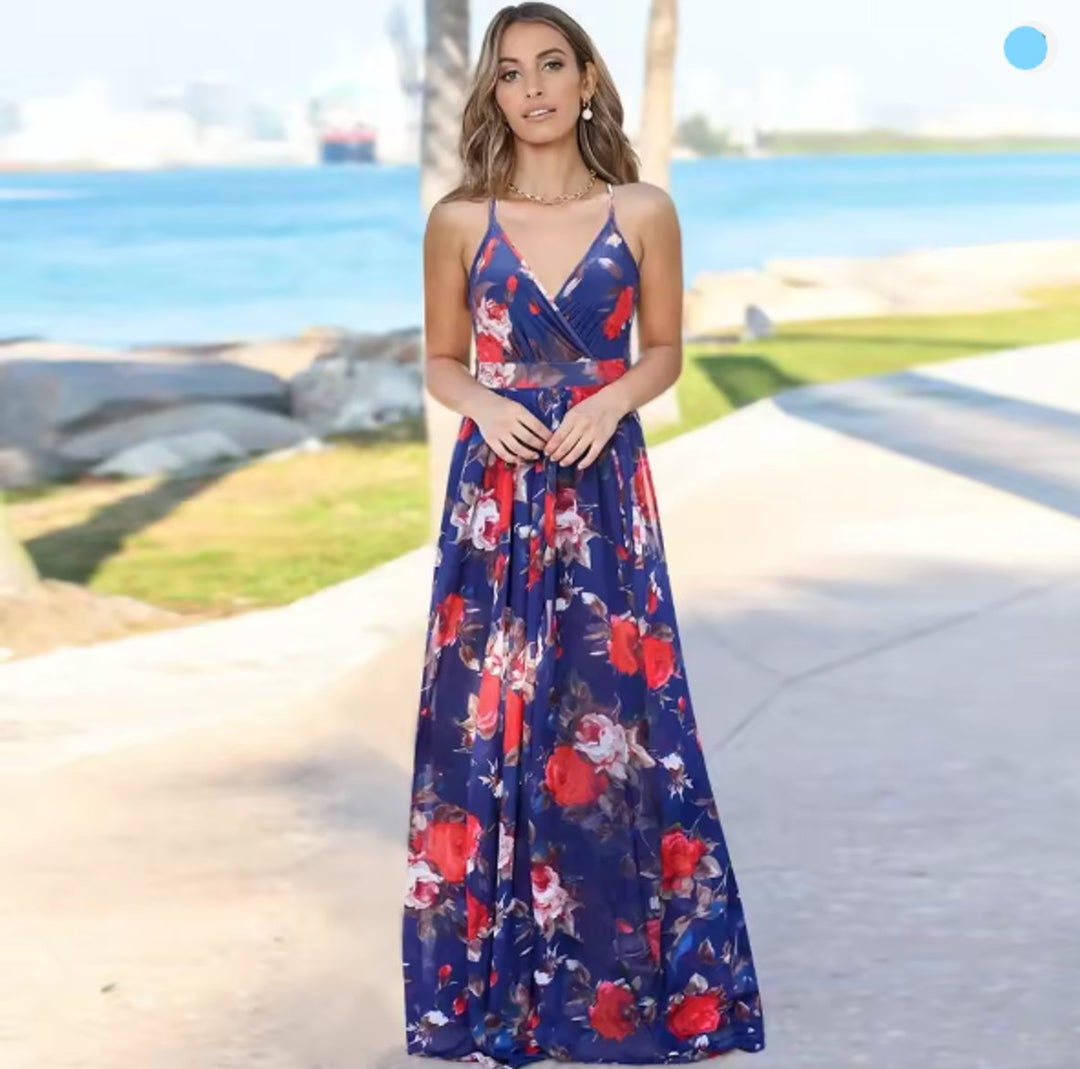 Women's Floral Halterneck Midi Cocktail Party Dress