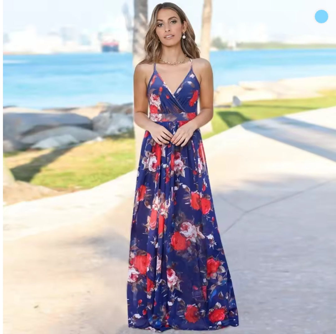Women's Floral Halterneck Midi Cocktail Party Dress