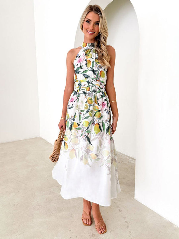 Women's Floral Halterneck Midi Cocktail Party Dress