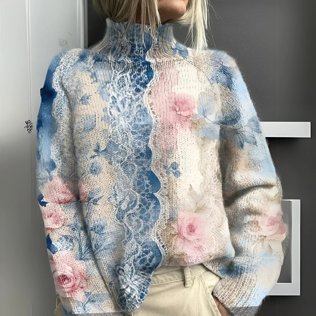 Women's Floral Knit Turtleneck Jumper Lace Detail