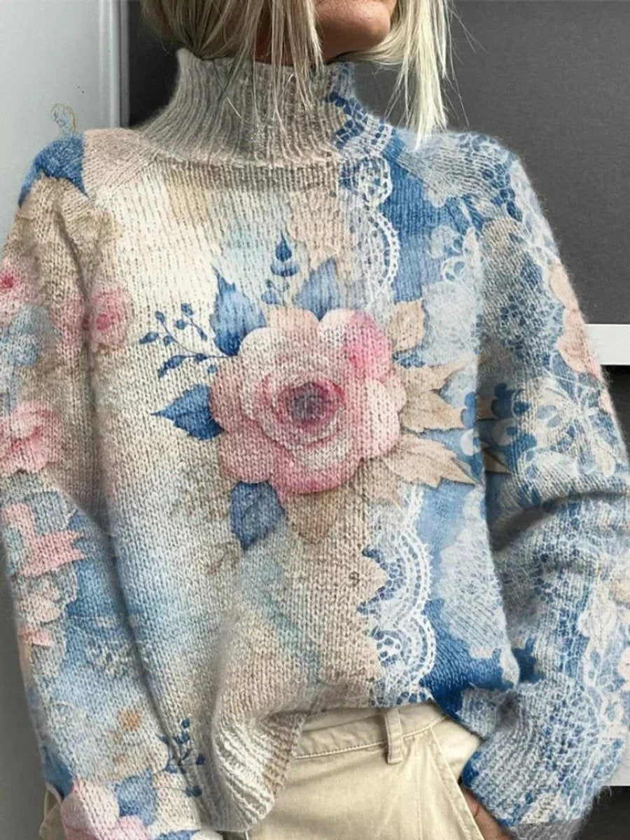 Women's Floral Lace-Print Turtleneck Jumper Soft Knit