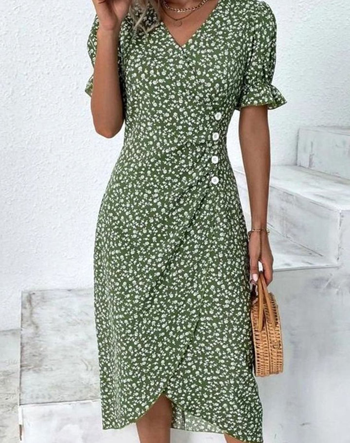 Women's Floral Midi Wrap Dress V-Neck Frill-Sleeve Button