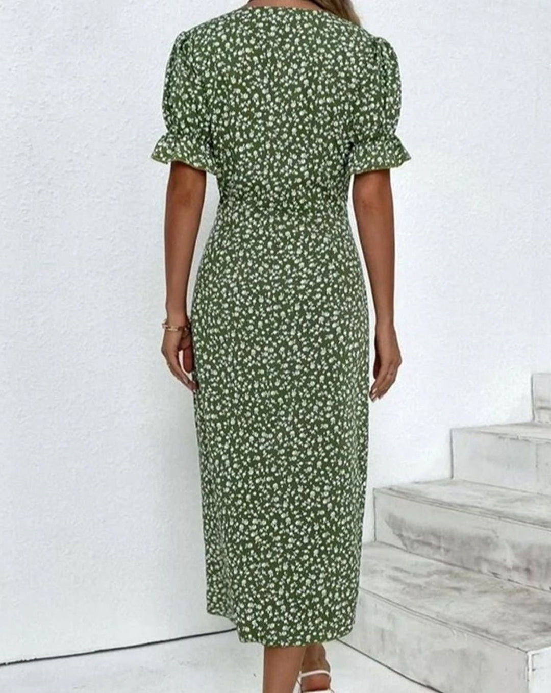 Women's Floral Midi Wrap Dress V-Neck Frill-Sleeve Button