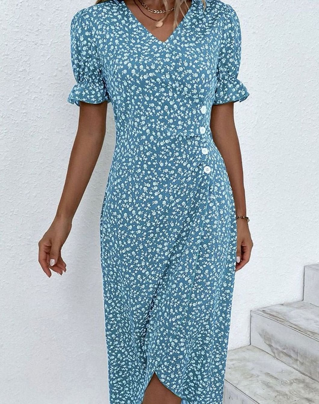 Women's Floral Midi Wrap Dress V-Neck Frill-Sleeve Button