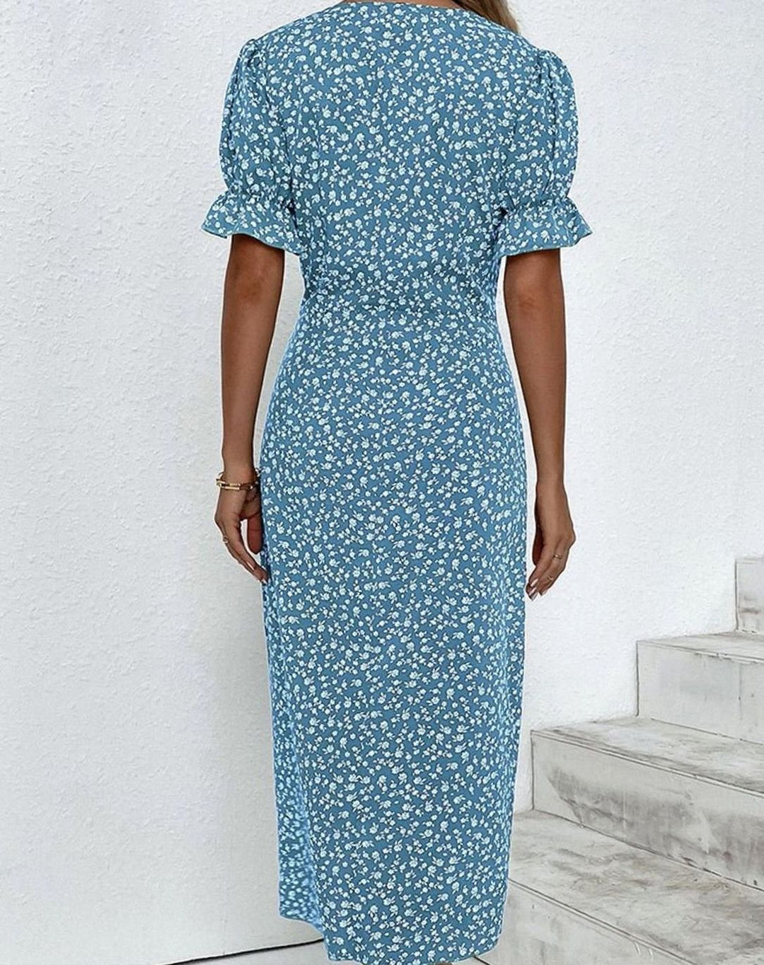 Women's Floral Midi Wrap Dress V-Neck Frill-Sleeve Button
