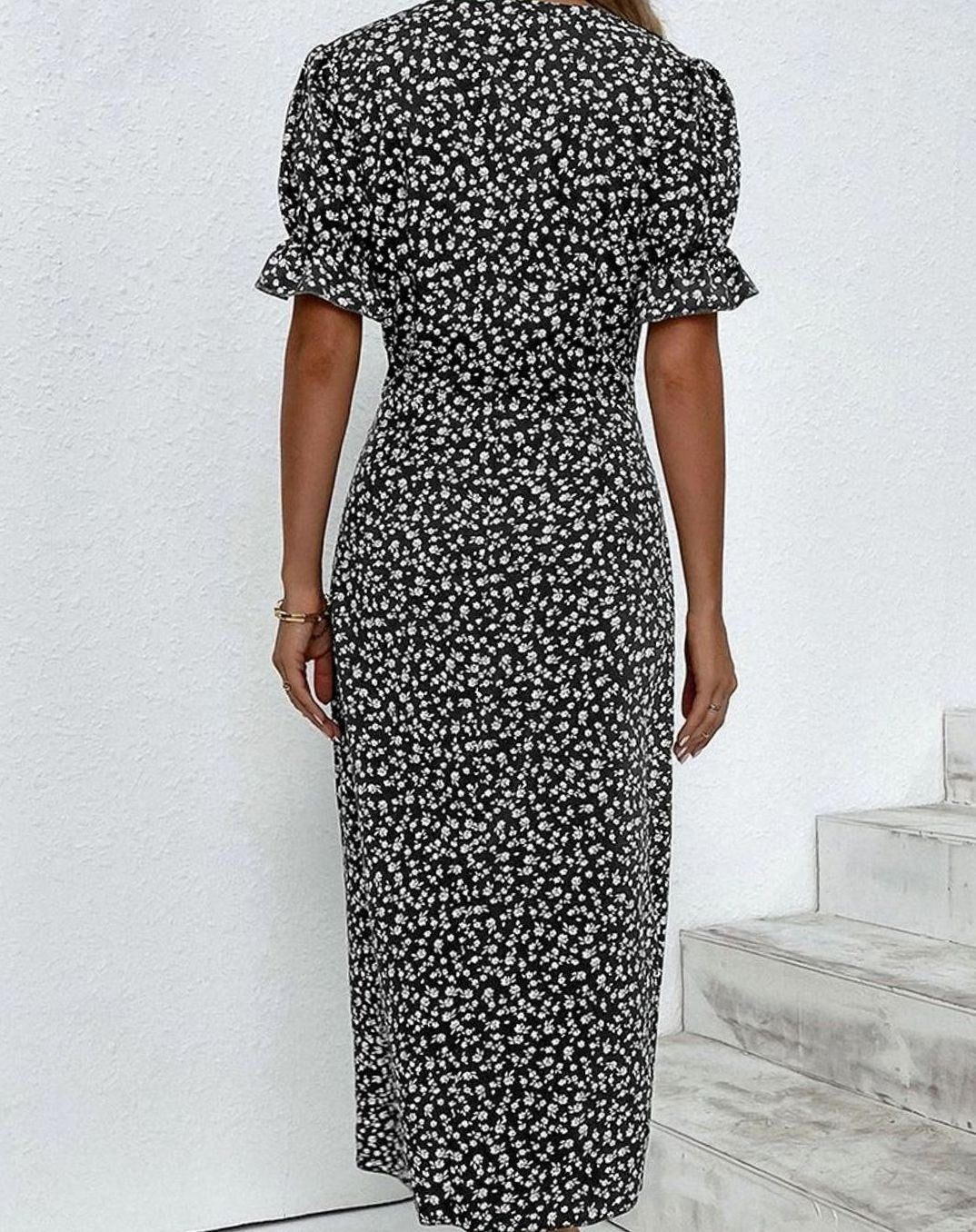 Women's Floral Midi Wrap Dress V-Neck Frill-Sleeve Button