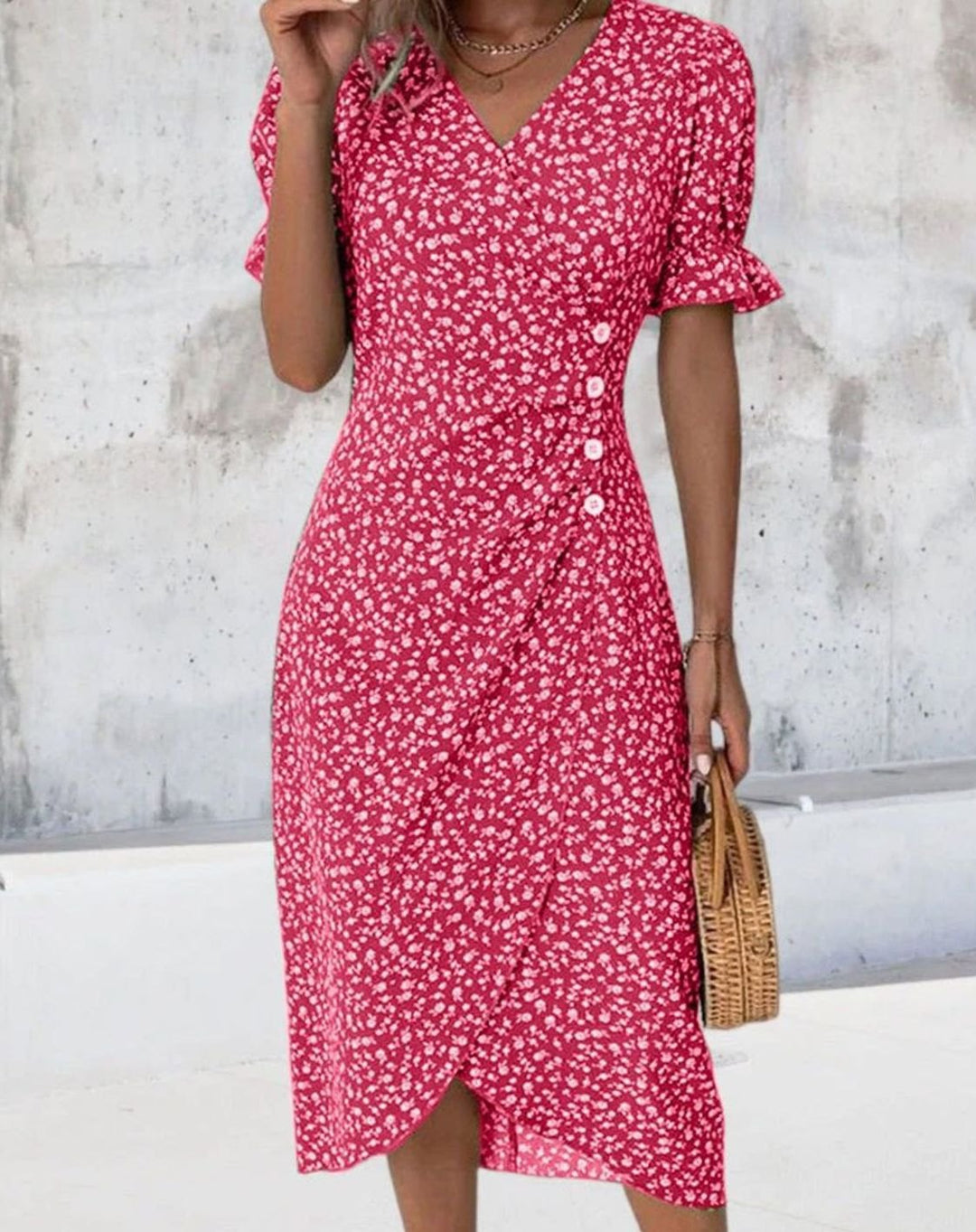 Women's Floral Midi Wrap Dress V-Neck Frill-Sleeve Button