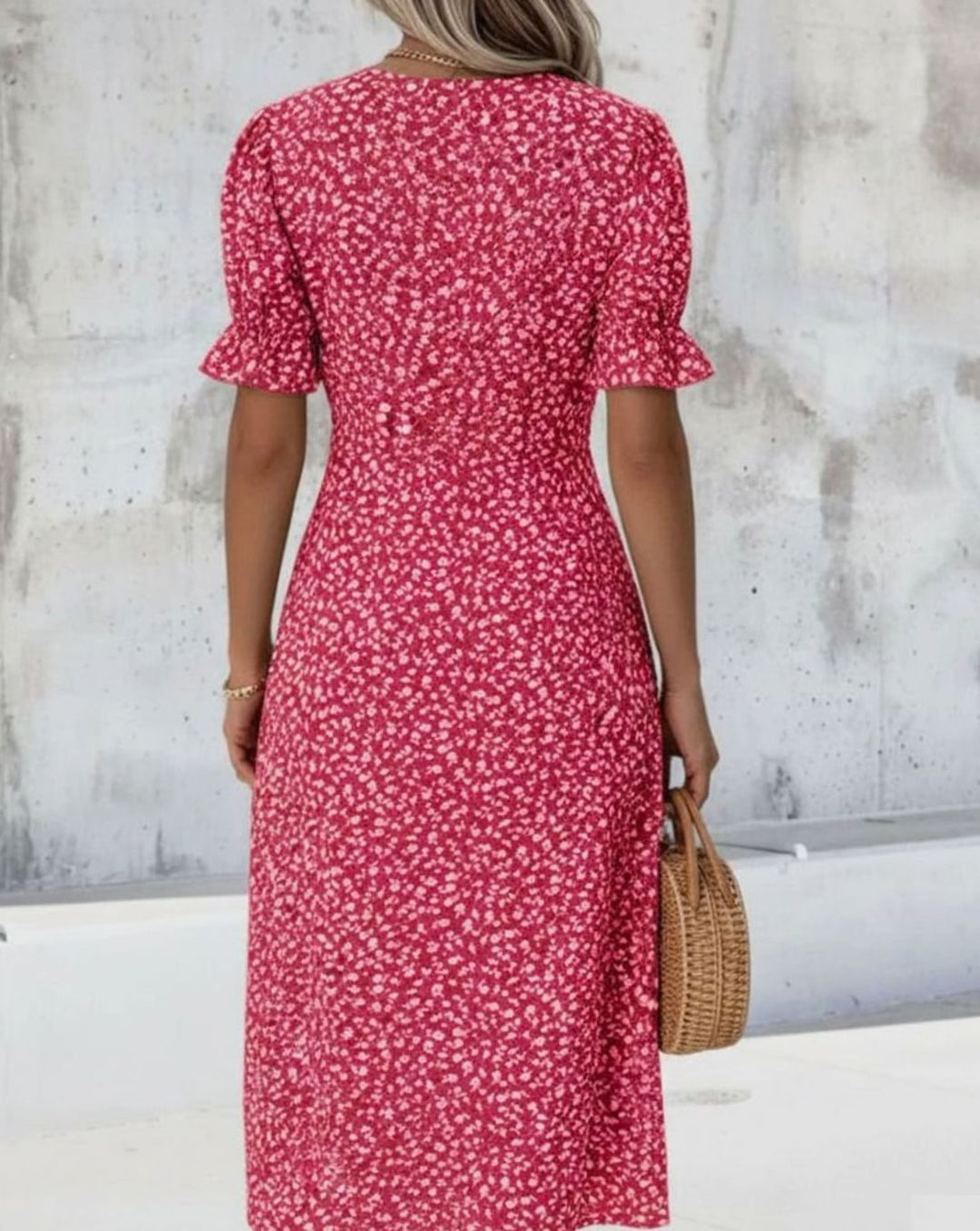 Women's Floral Midi Wrap Dress V-Neck Frill-Sleeve Button