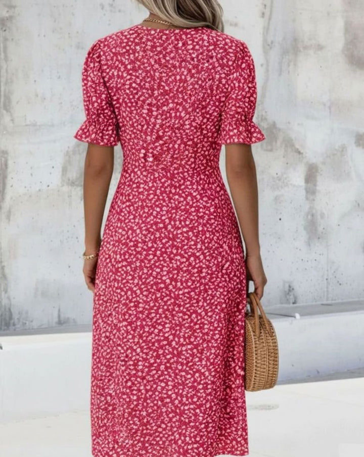 Women's Floral Midi Wrap Dress V-Neck Frill-Sleeve Button