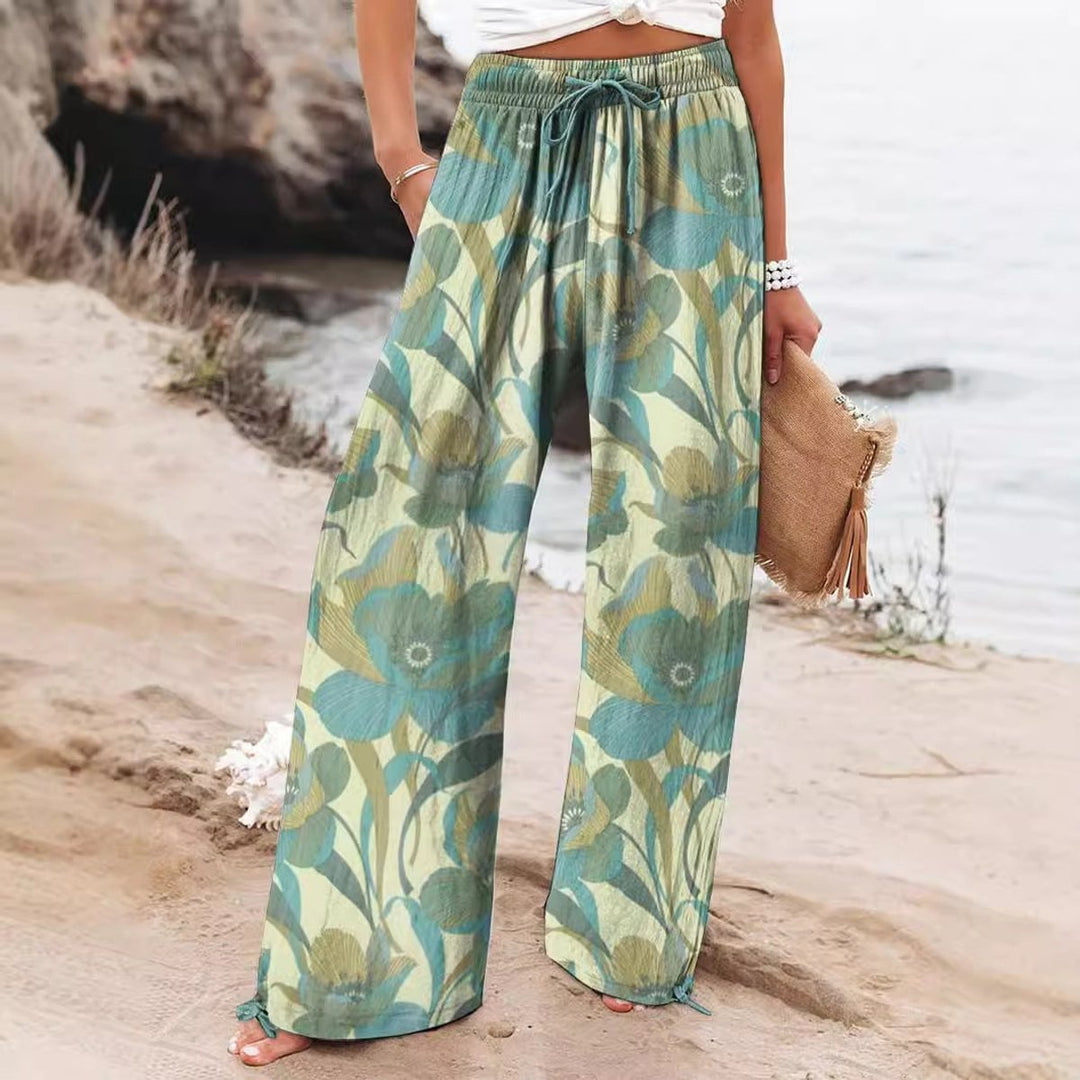 Women's Floral Print Elasticated Drawstring Wide Leg Trousers